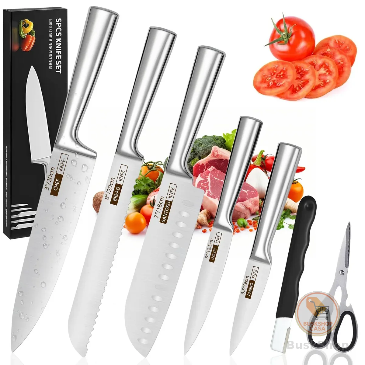 Conjunto de 7 Facas Profissionais em Aço Inoxidável 3CR13, Ultra Afiadas (V-Sharp 15°), Lâminas Inteiriças, Antiferrugem, Design Ergonômico – Inclui Chef, Pão e Churrasco – Garantia de 10 Anos