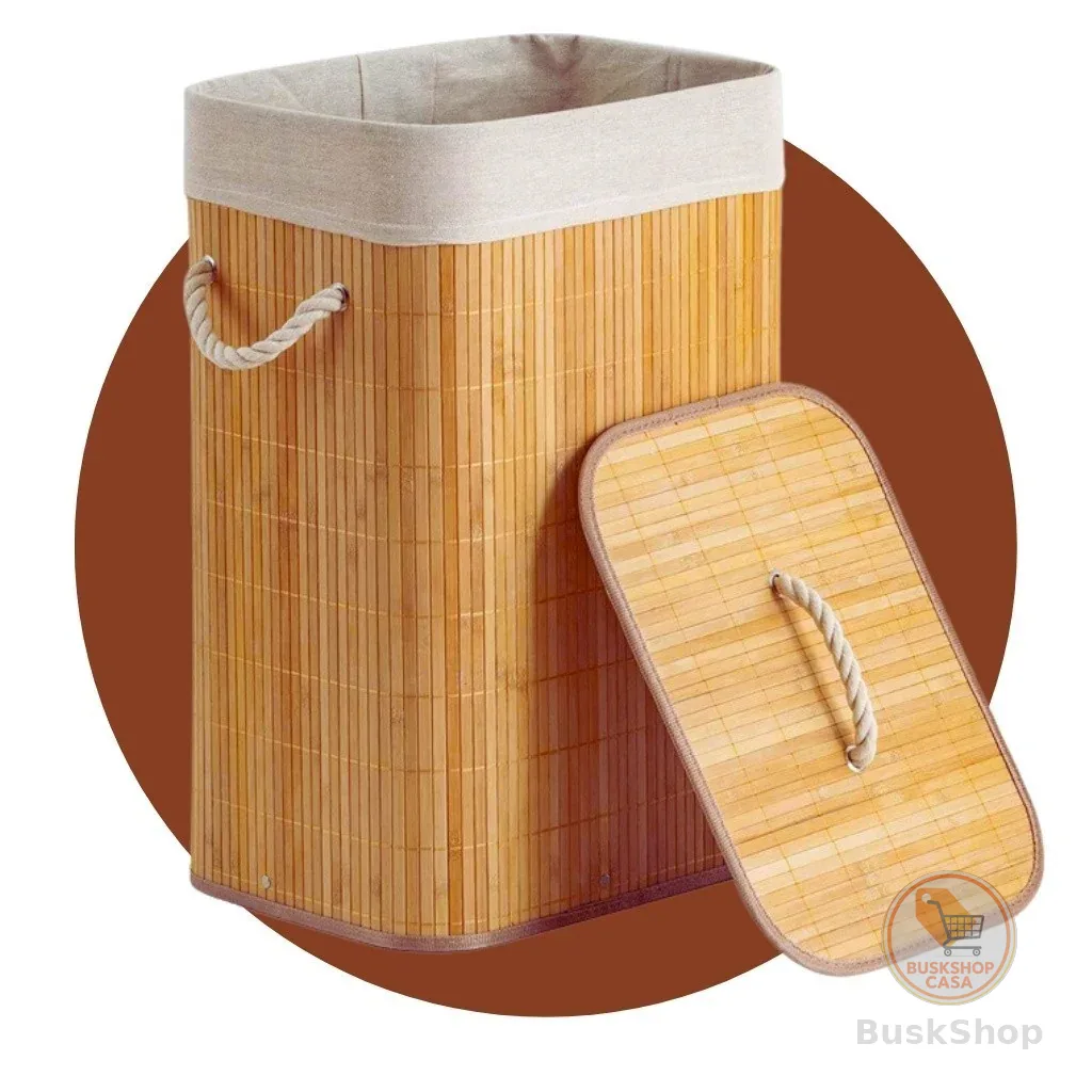 Cesto de Roupa Suja Lavanderia em Bambu tampa Retangular Forrado com Alça Brinquedo Quarto Banheiro