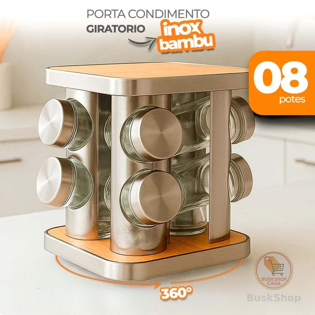 Porta Temperos Giratório Inox e Bambu com 8 Potes – Organizador 360° de Cozinha