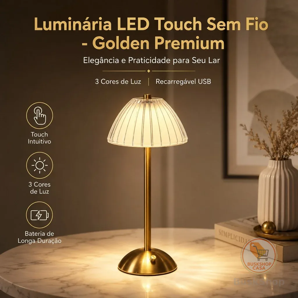 Abajur Luminária de Mesa LED Touch Sem Fio 3 Cores Quarto