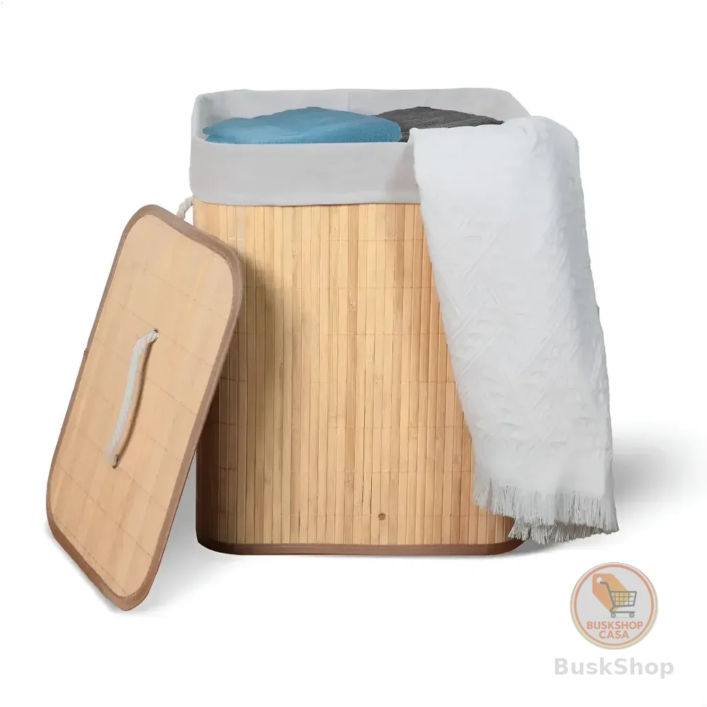 Cesto De Roupa Suja De Bambu Com Tampa E Alças 50 Litros Kontuz