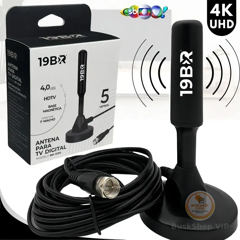 Antena Digital 4k Hd Interna Externa Para Tv Samsung LG Smart Led Lcd 3d Uhf Cabo Longo Com Base Magnética Preto