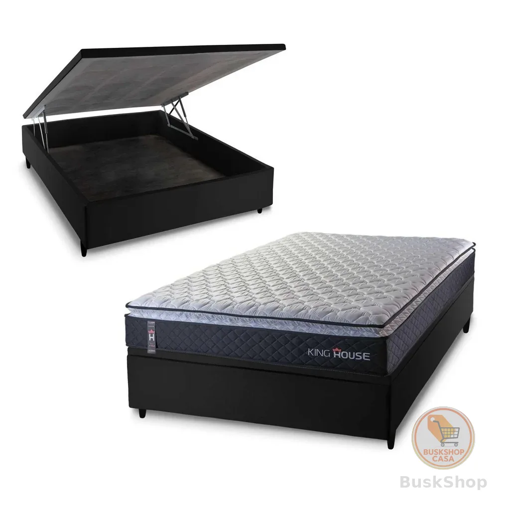 Conjunto Box Baú Casal Dakota Preto 138x188x64 Espuma D33