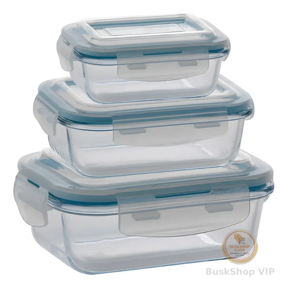 Kit 3 Potes De Vidro Herméticos Retangular Com Tampa Azul-aço