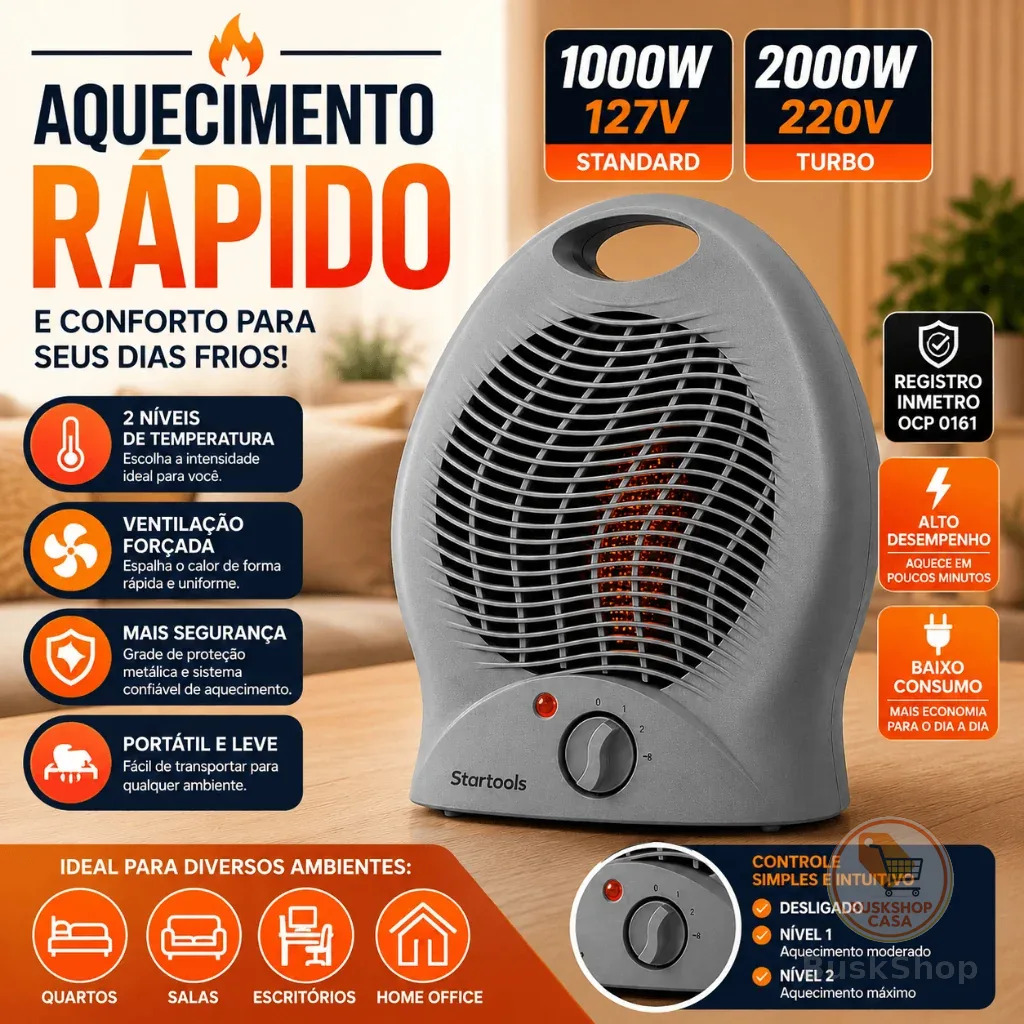 Aquecedor Elétrico Portátil 1000W 127V e 2000W 220V Ventilação 2 Níveis de Calor