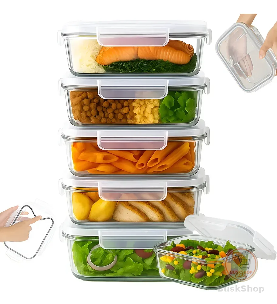 Yab - Kit 5 Potes De Vidro Marmita C/ Tampa Hermético 640ml Retangular 4 Travas Borossilicato Alimentos Micro-ondas Freezer Geladeira
