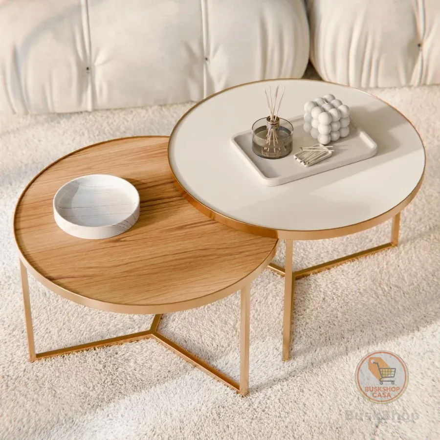 Kit 2 Mesas Mesinhas de Centro para Decoração Metal Dourada com Tampo de Vidro Off White e Tampo Lamina Cinamomo