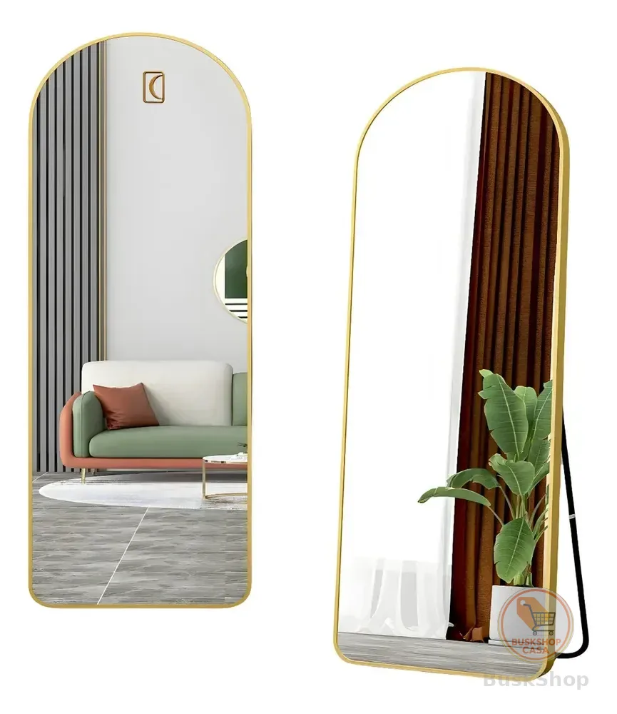 Espelho De Chão Corpo Inteiro 150x40cm Com Moldura E Suporte Dourado