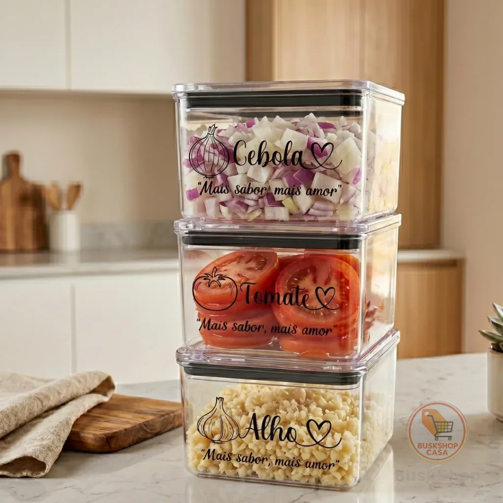 kIT 3 Potes 480ml Porta Tempero Com Adesivo Alho Cebola Tomate Organizadores Herméticos Acrilico Geladeira Cozinha