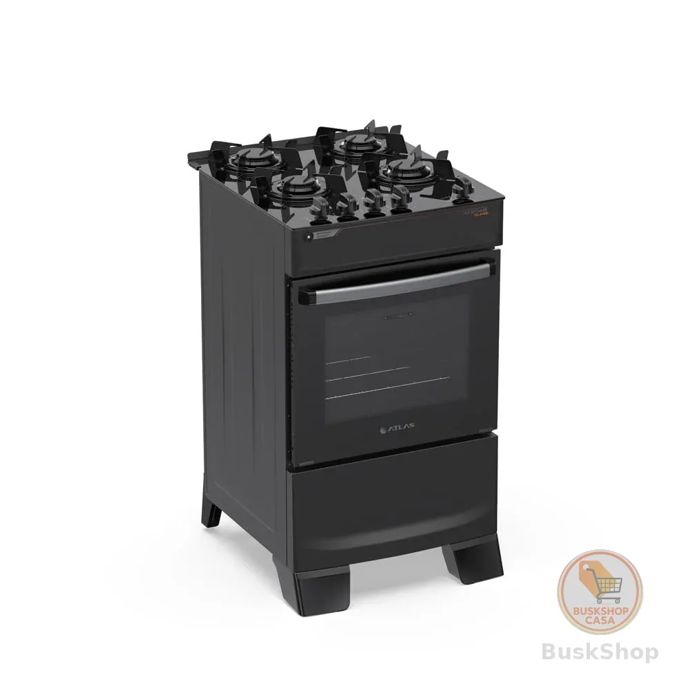 Atlas Fogão 4 Bocas Atenas Glass de Piso Preto Bivolt 50 Litros | Mesa de Vidro Temperado, a Gás