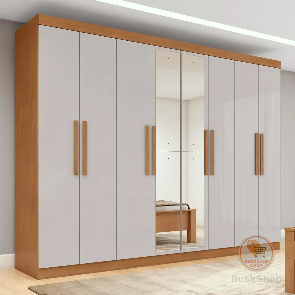 Guarda-roupa Casal Easy Slim 8 Portas Com Espelho Amendoa Clean/Off White