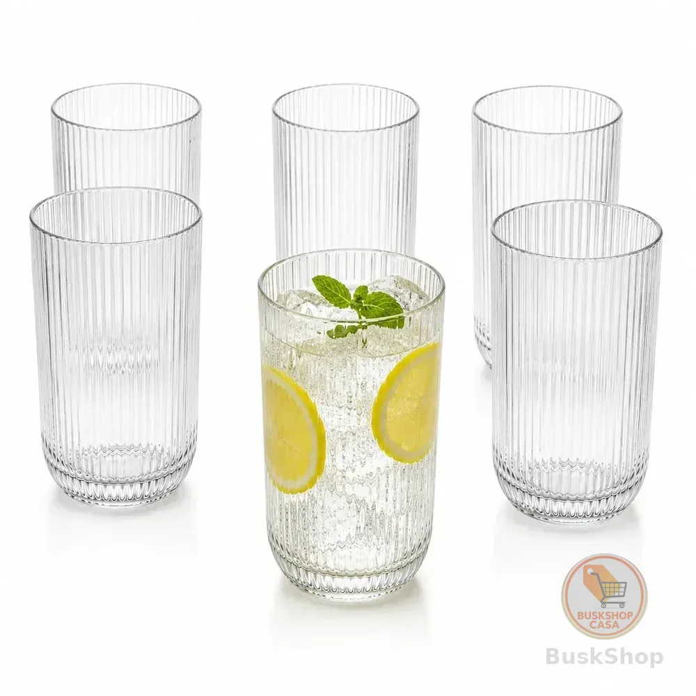 Jogo 6 Copos de Vidro Canelado 420ml Transparente Vidro Grosso Premium Resistente para Água Suco Refrigerante Drinks Whisky Gin Caipirinha Mesa Posta Cozinha Bar Restaurante Elegante