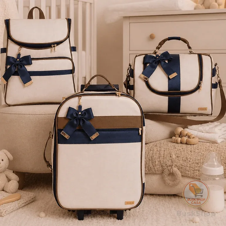 Kit Bolsa Maternidade Menino Luxo Paris Champanhe/Cacau/Marinho - 03 Peças