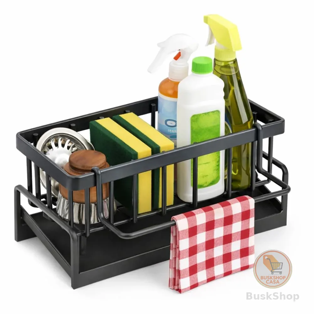 Organizador de Pia em Aço Carbono Preto, Porta Esponja e Sabão 4 em 1 | Com Bandeja Antiferrugem, Instalação Sem Furos, Design Moderno Compacto