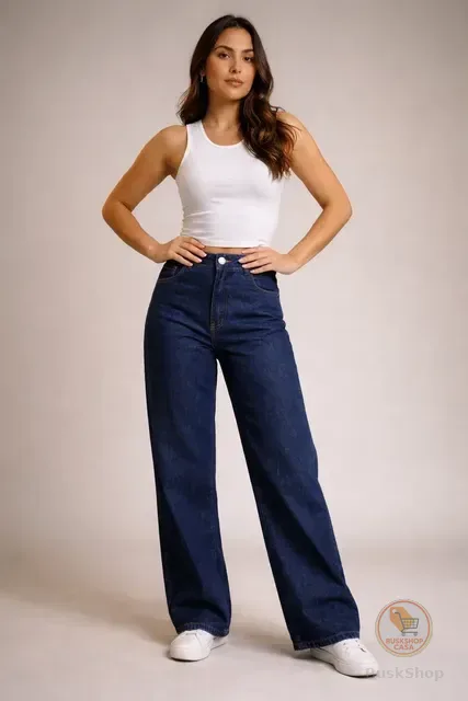 Calça Jeans Wide Leg Feminina Cintura Alta Sem Lycra Stillge