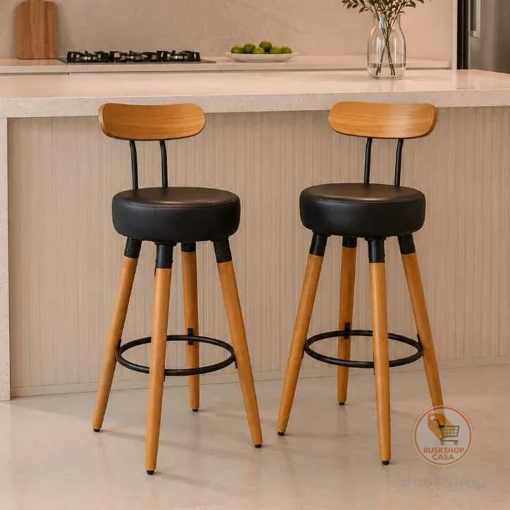 Kit Banquetas Alta Encosto Ergonômico Cozinha Pés Madeira Gourmet Balcão Bancada Ilha Resistente