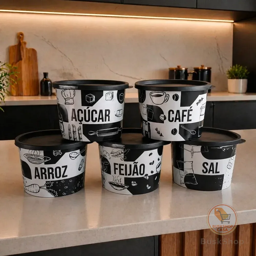 Kit Porta Mantimentos 5 Peças  Redondo Com Decoração 1,5 Lt Preto
