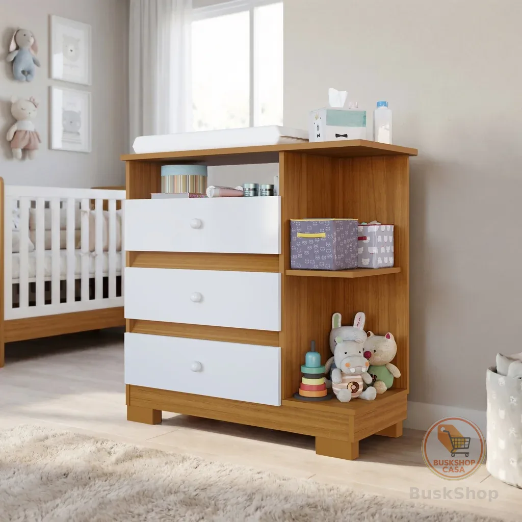 Cômoda Infantil 3 Gavetas com Nichos e trocador Organizador Quarto Bebê Multiuso com Puxadores