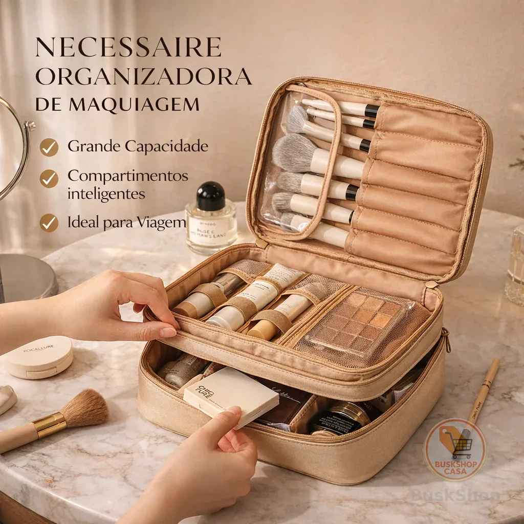 Bolsa Organizadora de Cosméticos Grande Capacidade Viagem Impermeável Com Multi Compartimentos