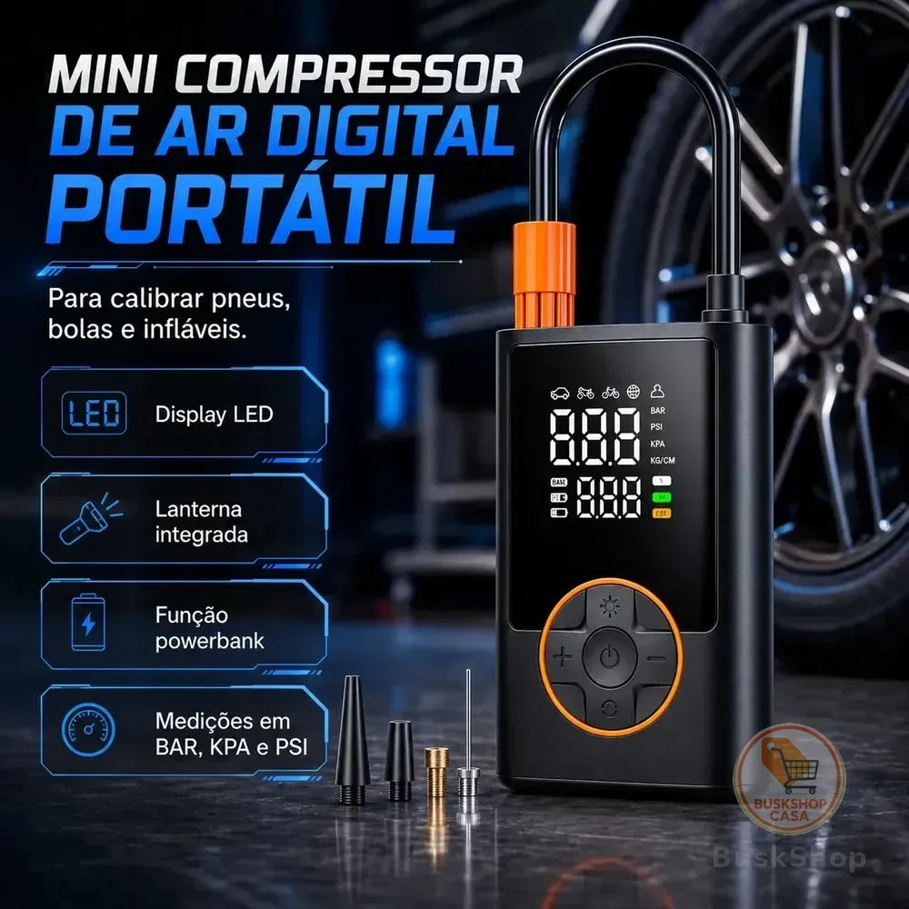 Compressor Portátil Car Air Pump Digital Com Visor Para Carro Moto Bike Calibrador De Pneu Multifuncional