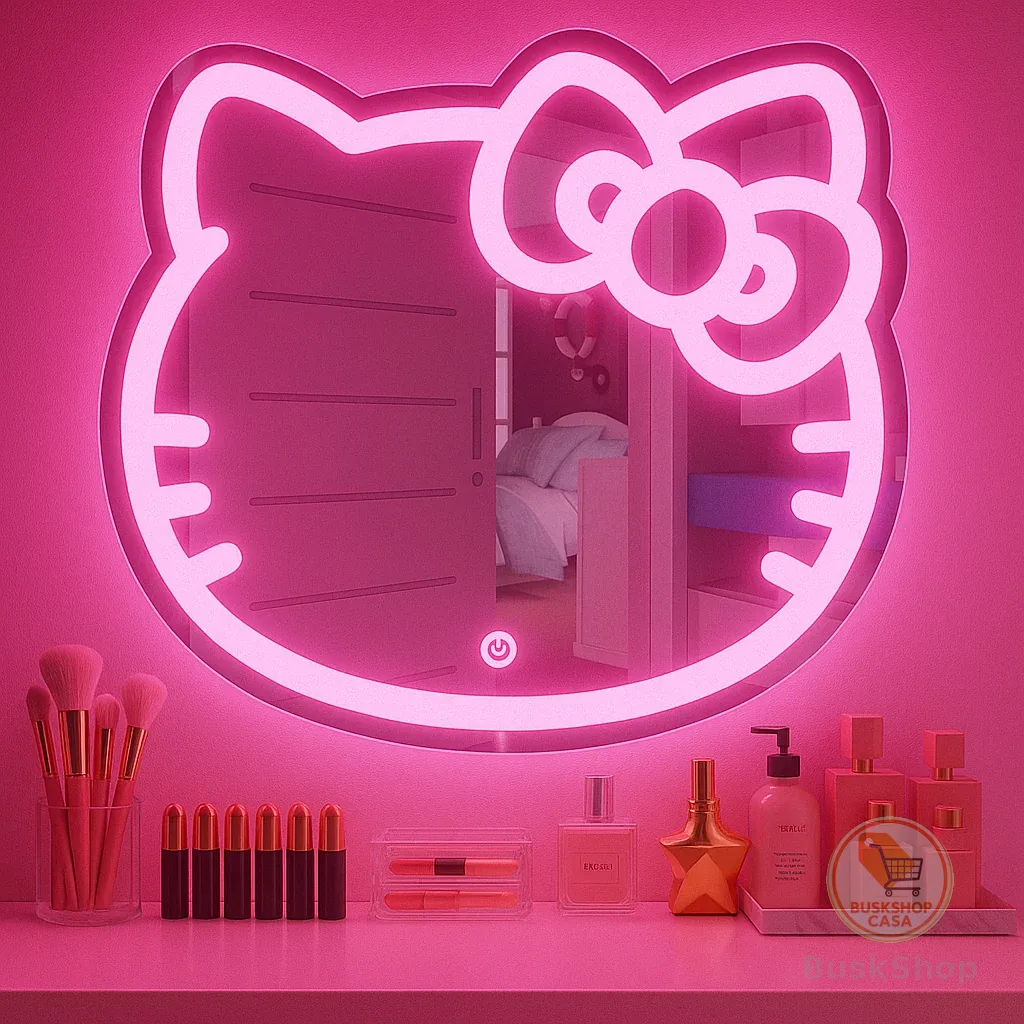 Espelho Infantil de Penteadeira Gatinha Com Led Três Cores e Botão Touch 70x65 cm