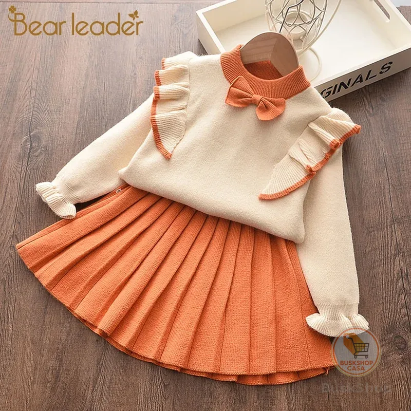 Líder Urso Conjuntos Roupa Das Crianças Novas Da Moda Meninas Bowtie Ternos Ruffles Top E Saia 2 Pcs Outfits Criança 2 6Y