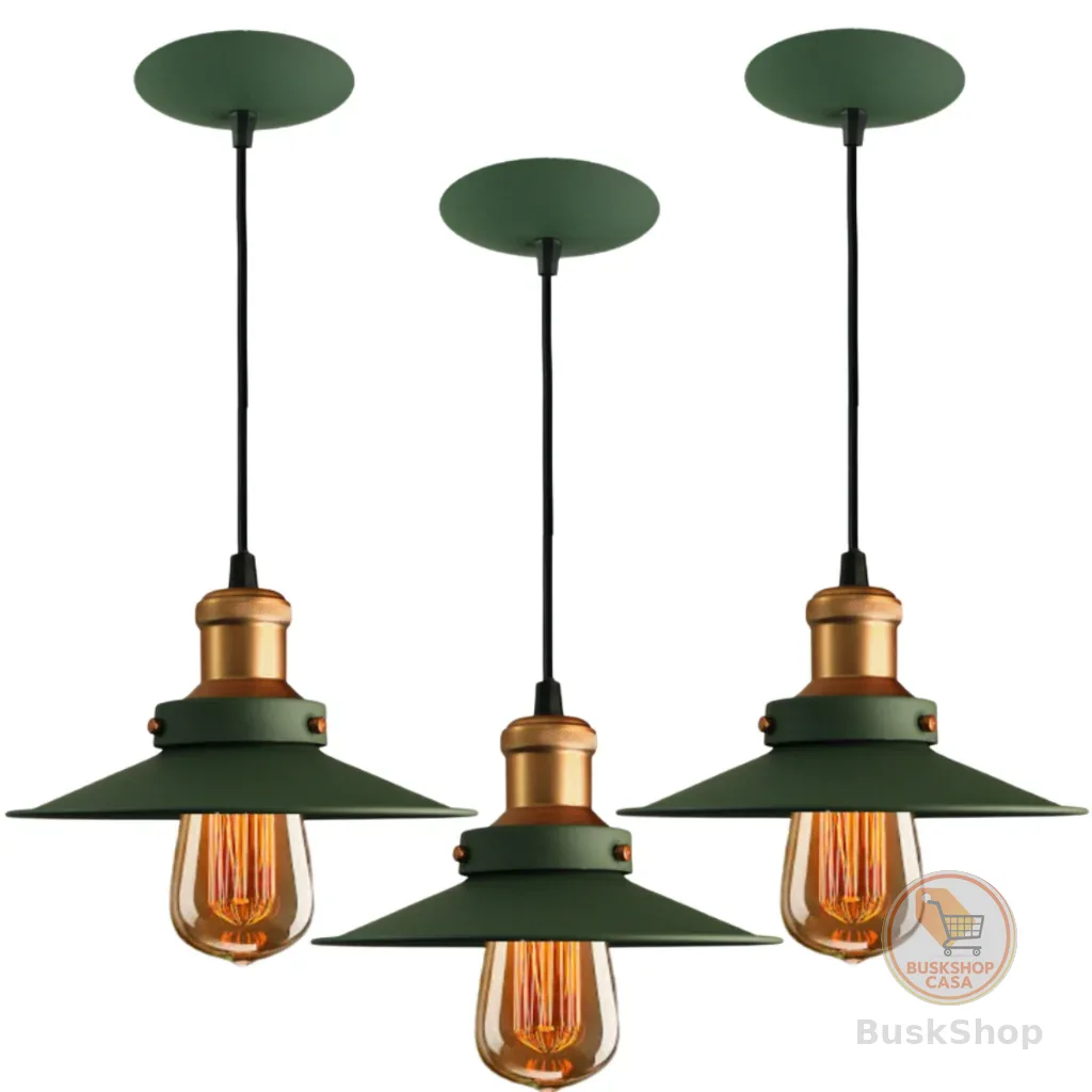 Pendente Lustre Nordic 22cm Verde com Cobre kit3 Retrô Industrial Loft