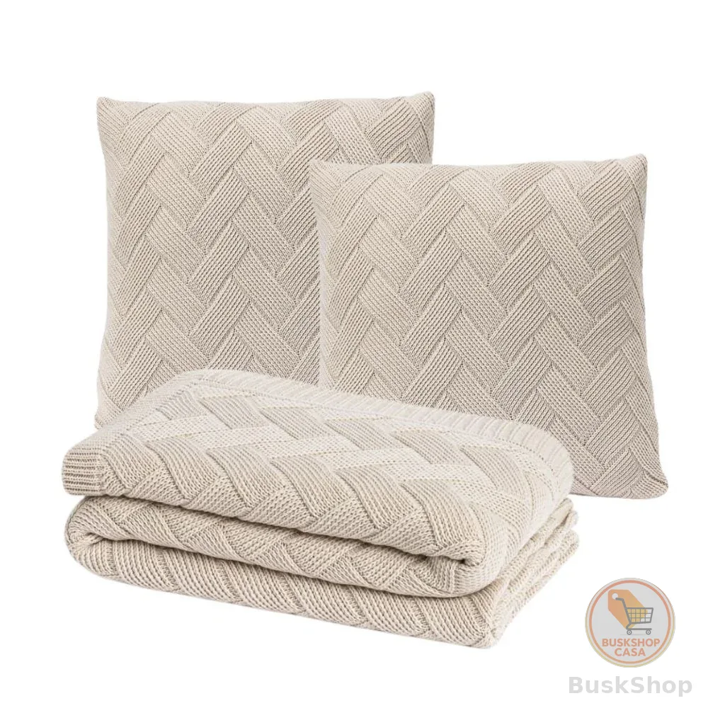 Kit Peseira Manta Tricot Cama Solteiro Casal Queen King + 2 Capas Almofadas Trico Londres