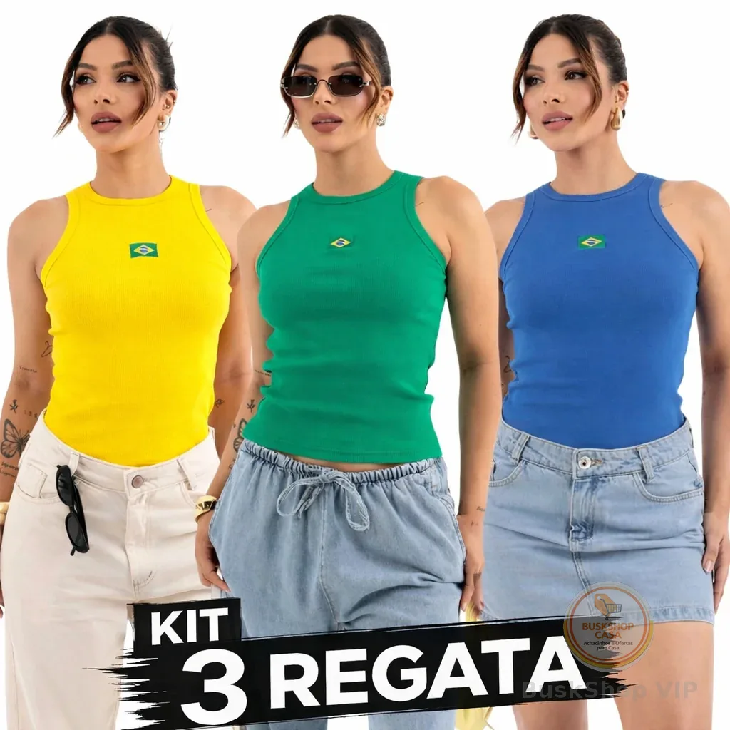 Kit 3 Regata Feminina Brasil Copa do Mundo Ribana Canelada Confortável