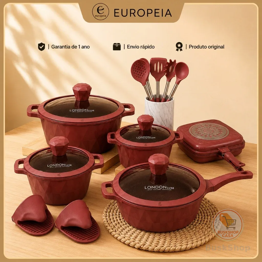 Jogo de Panelas London Grill 17 peças Cerâmica Antiaderente Kit Completo com Tampa Luxuoso Lançamento