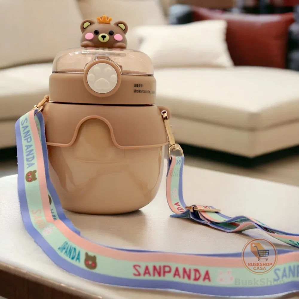 Garrafa Térmica Infantil Canudo 500ml Quente ou Frio Tema Animaizinhos Com Alça e Trava de Segurança