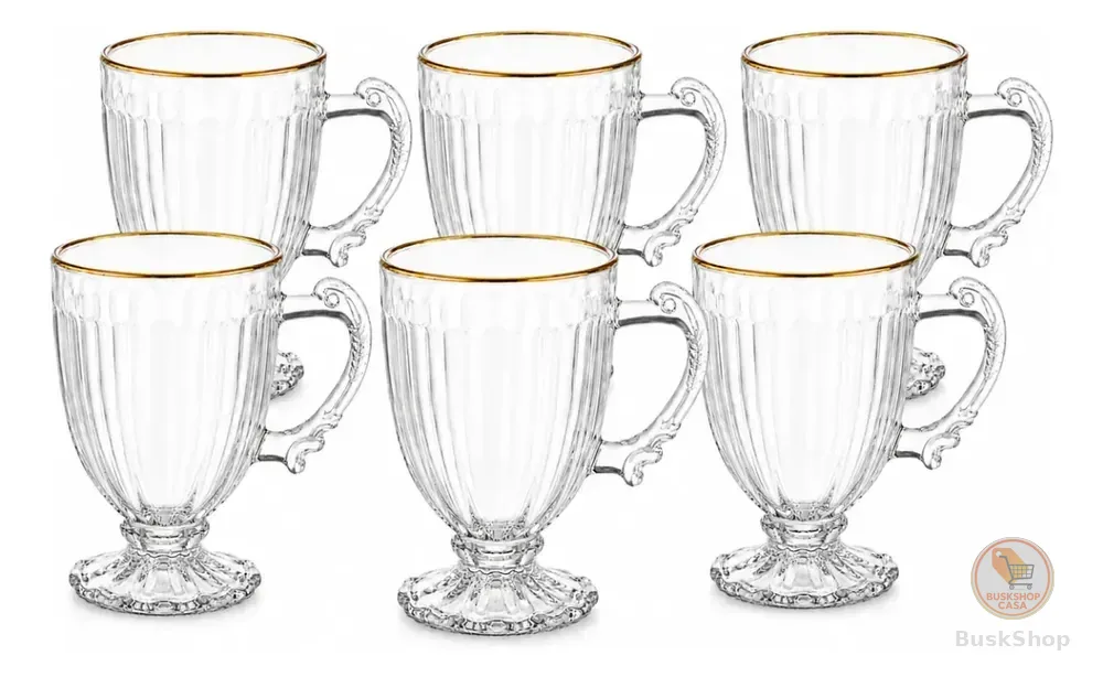 Jogo 6 Canecas Vidro Borda Dourada Café Capuccino 190ml Transparente