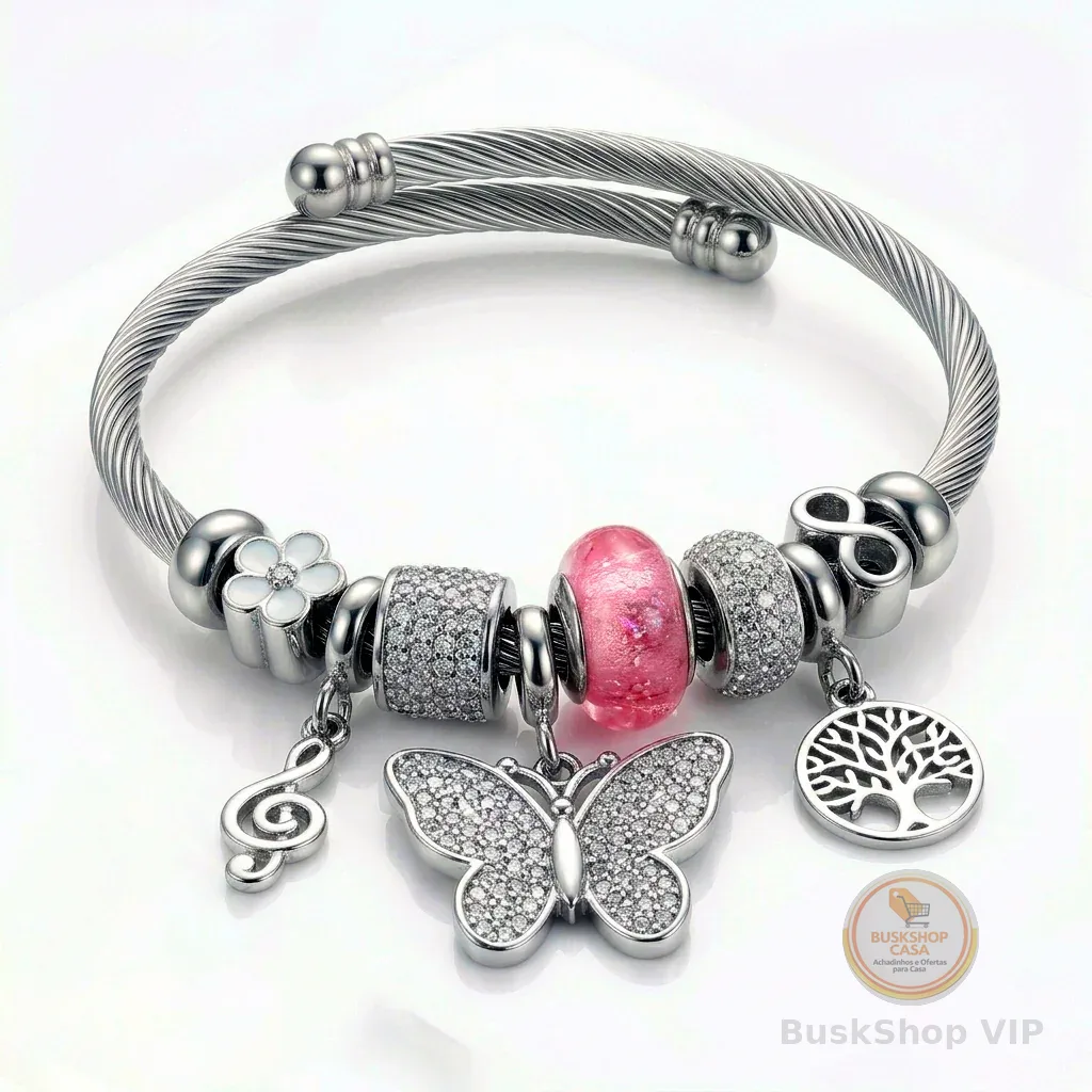 Pulseira Berloques Aço Inox Ajustável Estilo Feminina Com Pingentes Acessórios