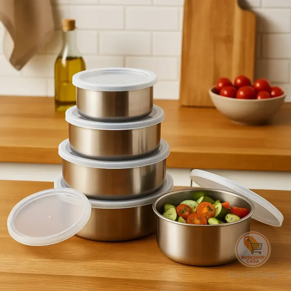 Conjunto Potes Vasilha Organizador Cozinha Geladeira Inox 5p Prateado