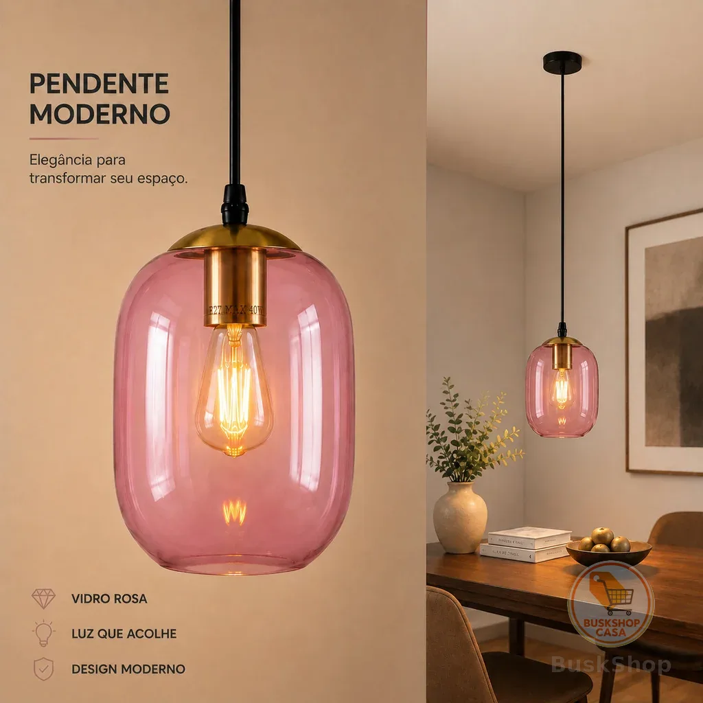 Lustre Pendente Teto Cúpula Rosa E27 Base Preta Moderno