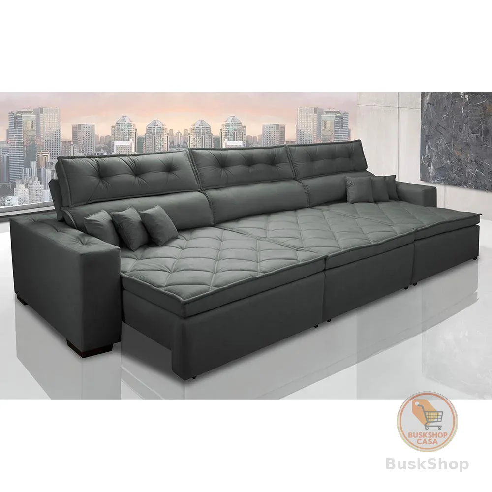 Sofá Retrátil e Reclinável 3,82m Austin com Molas no Assento Tecido Suede Velusoft Cinza