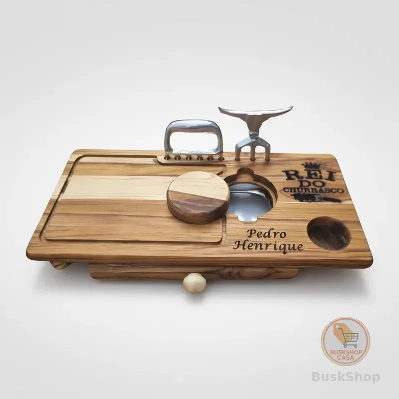 Tábua de Churrasco Personalizada com Gaveta + Garra e Tridente – Presente Gourmet Compacta