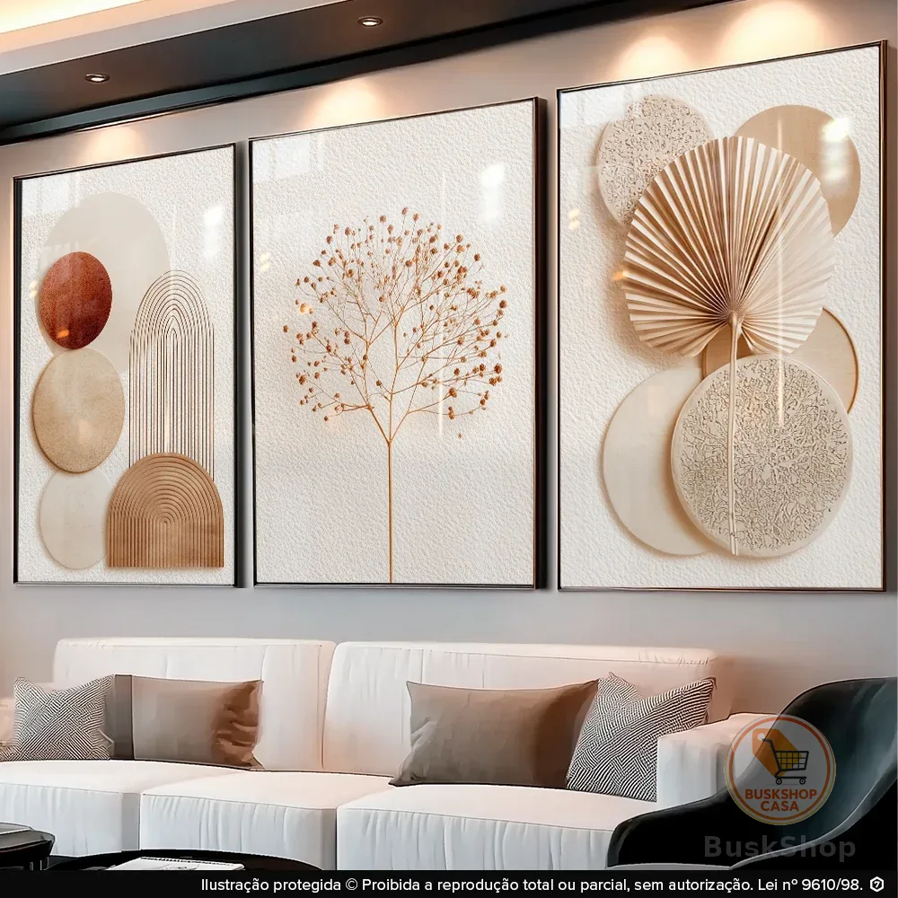 Quadros Decorativos Abstratos Geométricos Boho Neutro Sala