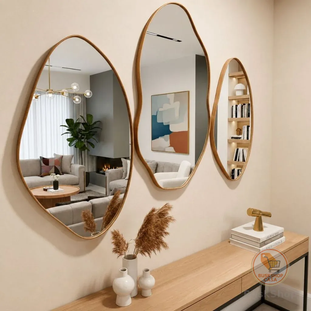 Kit 3 Espelhos Decorativos Orgânicos com Moldura em Couro Reforçado – Moldura Premium para Sala Hall