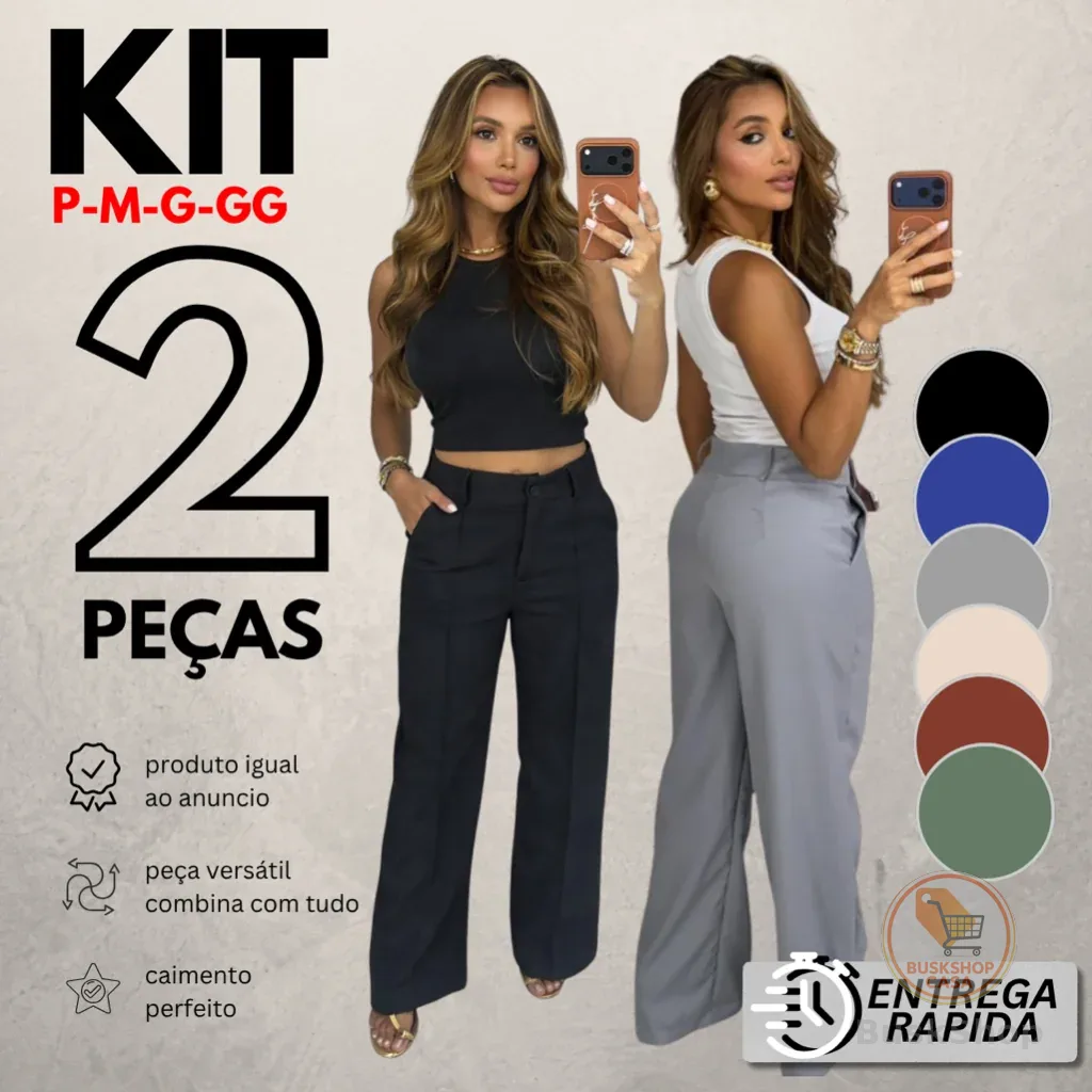 Kit 2 Calças Pantalona Alfaiataria Cintura Alta Com Bolso PROMOÇÃO