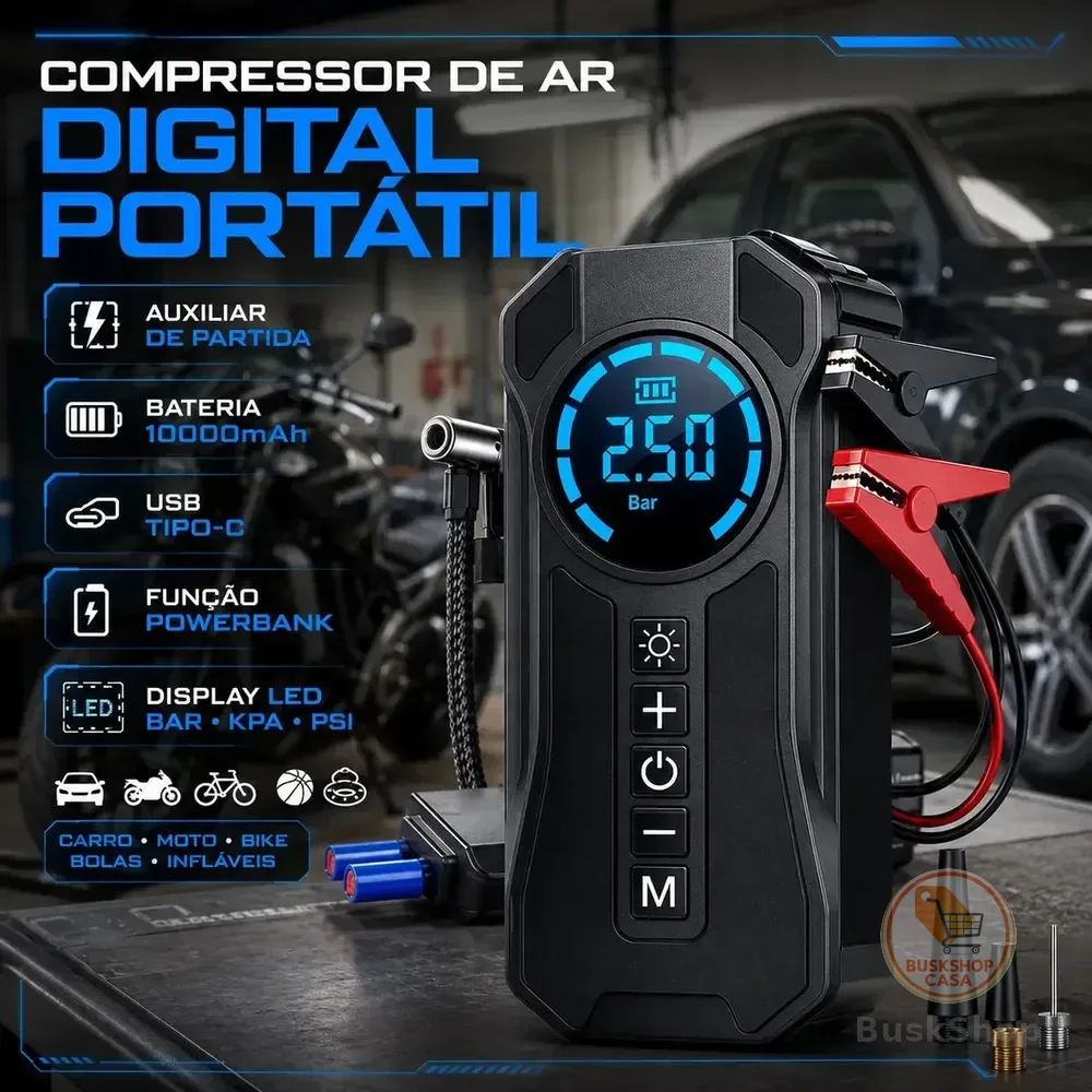 Mini Compressor De Ar Portátil Bateria Emergência Ignição Automotiva Potente Preto Compacto