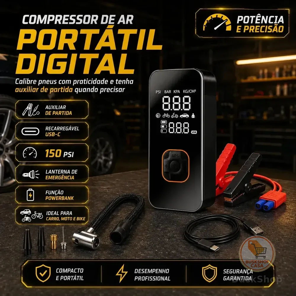 Compressor Ar Portátil Bateria Conector Veicular Bivolt 150 PSI Power Bank e Auxiliar de Partida Mais Emergencial