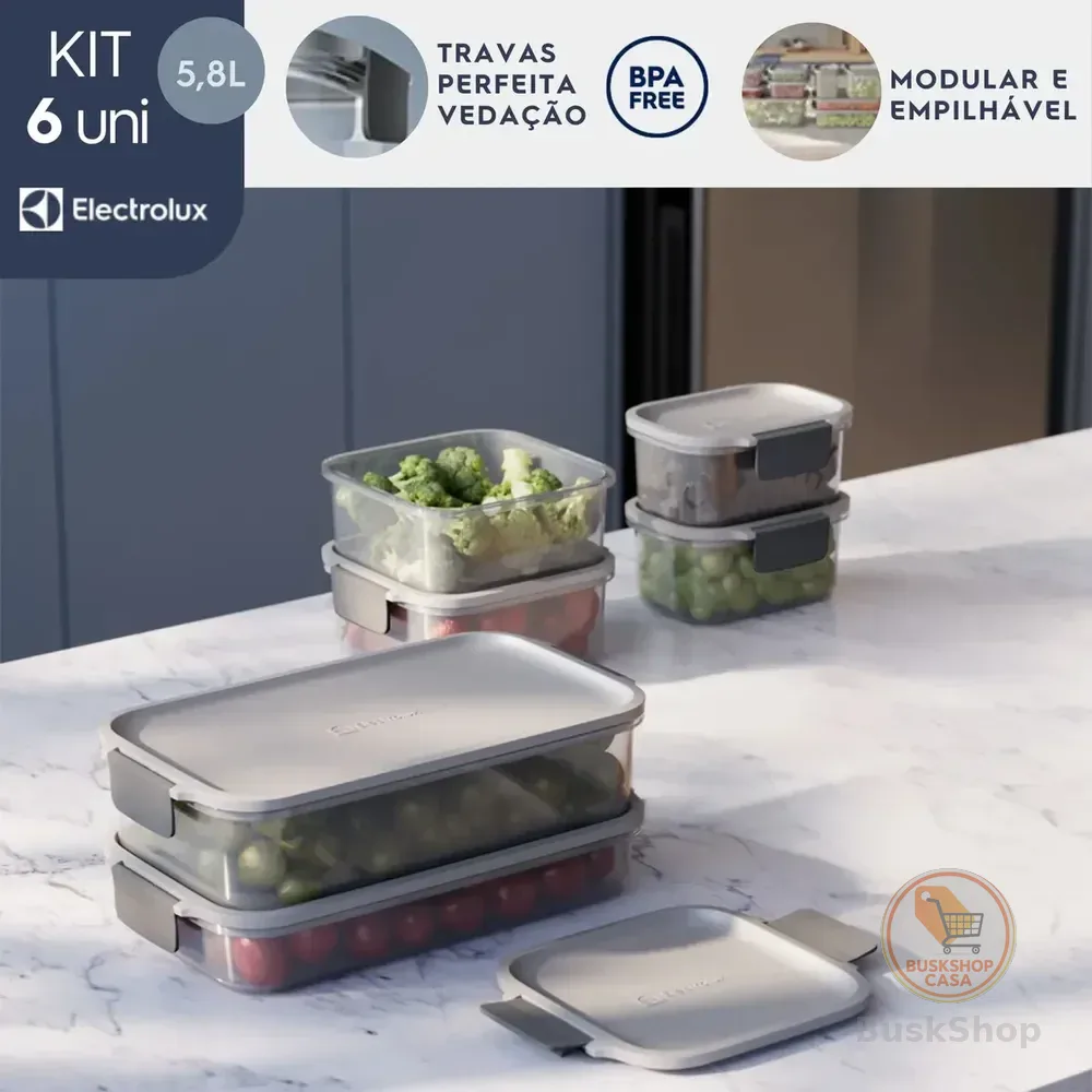 Electrolux Kit 6 Potes Herméticos De Plástico Cinza, 5,8l, Safelock, Empilhável e Modular