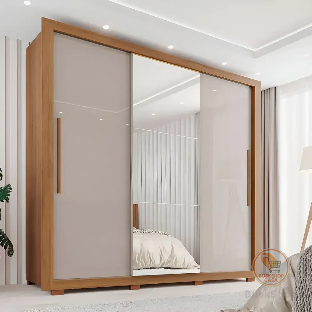 Guarda-roupa Casal Com Espelho 3 Portas 4 Gavetas Sallêto Móveis Costa Rica Cinamomo/Off white