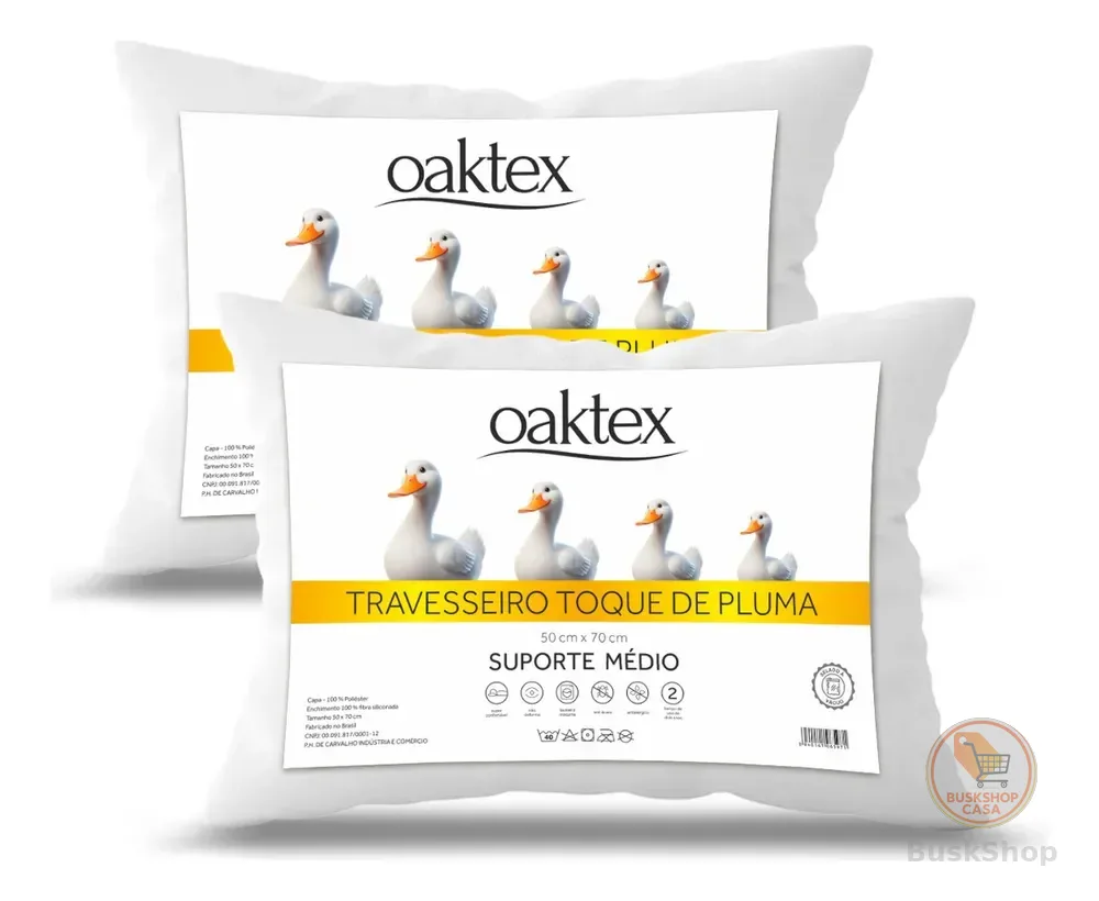 Kit 2 Travesseiros 70x50 Antialérgico Lavável Fibra Siliconada Toque de Pluma de Ganso Oaktex Cor Branco