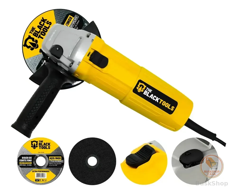 Esmerilhadeira Lixadeira Angular 4.1/2 11000rpm 780w The Black Tools Cor Amarelo Com 2 Discos De Corte
