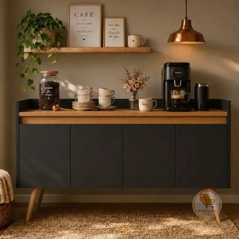 Buffet Aparador Sala De Jantar Móveis Primus Gold 4 Portas Preto Mel 160cm MDP Com Pés Madeira Maciça E Prateleira