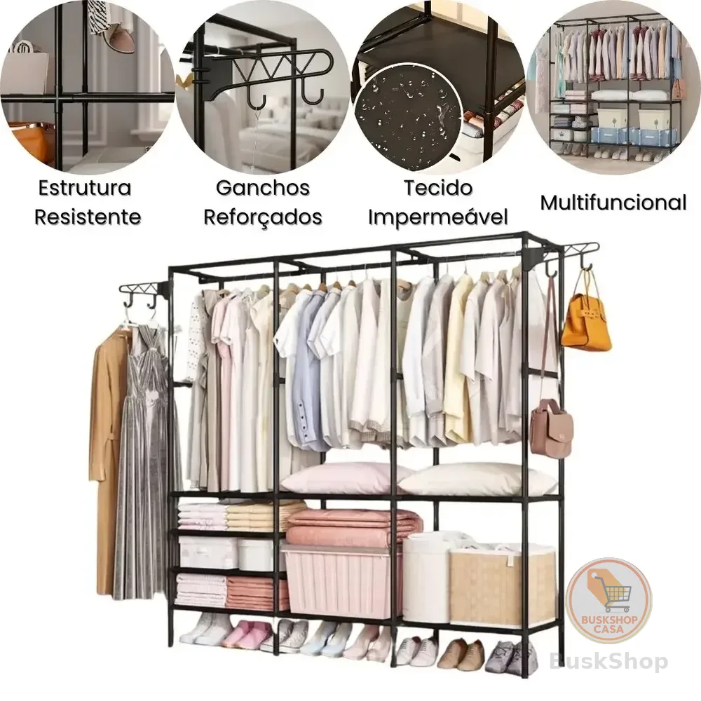 Guarda Roupa Dobrável Modular Cabideiro Triplo Closet Aberto Organizador De Roupas Desmontável E Arara Organizadora 3 Colunas Em Aço Resistente Preto Lar Textil
