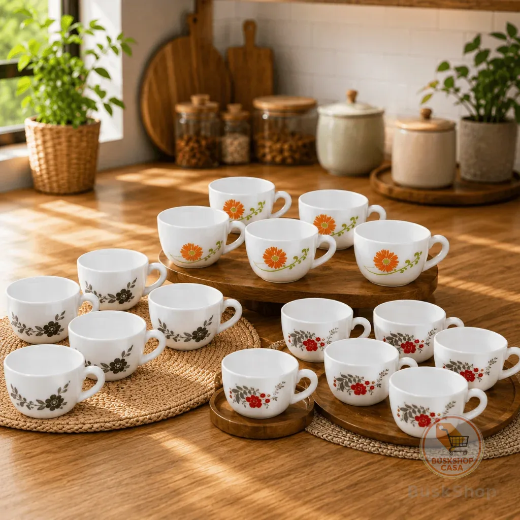 Kit 6 Xícaras de Café 130ml Brancas Decoradas Porcelana Scarlet Tropical Florid Vine Livid Lilac