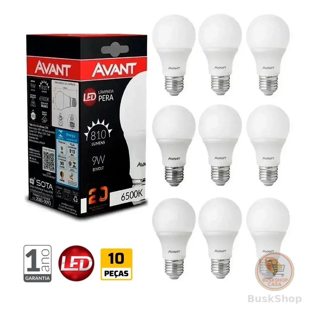 Kit com 10 Lâmpadas Led 9W Bivolt Branco Frio 6500K Avant